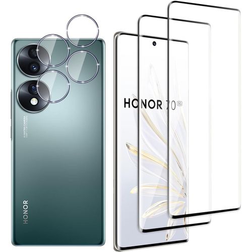 KAL-Lot De 4, 2 X Verre Trempé Pour Honor 70 Et 2 X Protection Caméra Arrière,3D Incurvé Couverture Complète,Hd Transparent,Dureté 9H,Compatible Avec Honor 70
