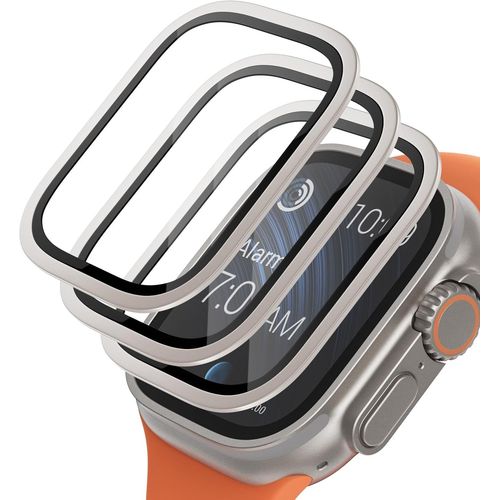Pack 3 Coques Cadre En Titane + Verre Trempé 9h Pour Apple Watch Ultra / Ultra 2 49 Mm - Antirayures, Hd, Sensible, Protection Militaire