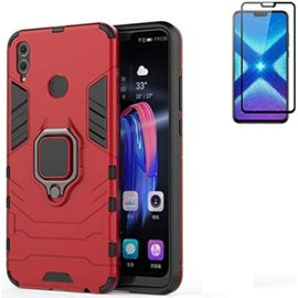 Coque Hybride Anti-Choc Pour Huawei Honor 8x - Anneau Métal Rotatif 360° Avec Support Magnétique Voiture, Double Couche Et Verre Trempé 9h, Rouge