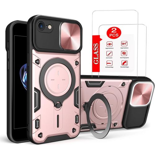 Coque Antichoc Iphone 7/8/Se (2020/2022) Noire Tpu+Pc Avec 2 Protège-Écrans En Verre Trempé Et Anneau Rotatif 360°