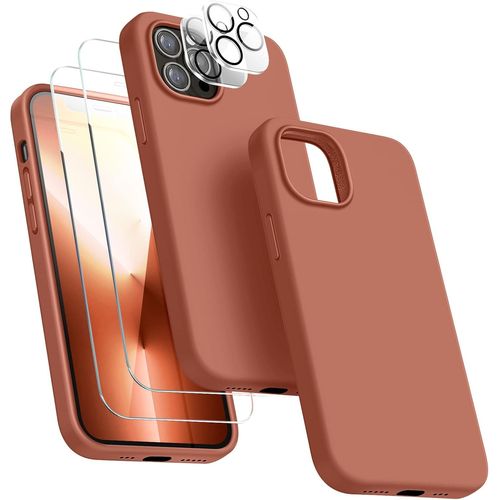 Coque 5-En-1 Pour Iphone 13 Pro Max 6,7'' ¿ Coque Silicone Liquide Anti-Choc + 2 Vitres Trempées + 2 Protège¿Lentilles Hd, Intérieur Microfibre, Compatible Charge Sans Fil (Gris)