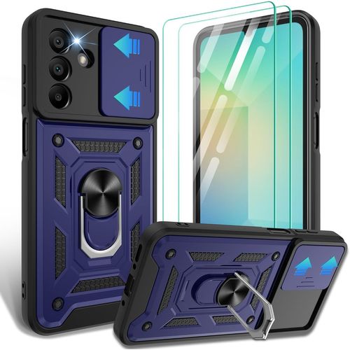 Coque Antichoc Pour Samsung Galaxy A26 6,5 Pouces - Cache Caméra Coulissant, 2 Films Écran Hd Pet, Anneau Support Rotatif 360°, Bleu