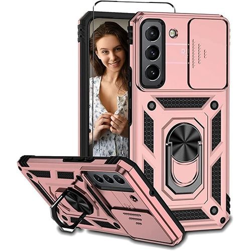 Coque Samsung Galaxy S22 Rose - Double Couche Tpu+Pc, Cache Caméra Coulissant, 2 Verres Trempés Inclus, Bords Surélevés Et Support Rotatif