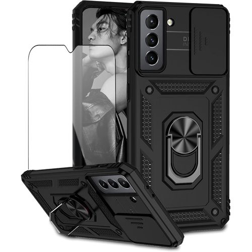 Coque Samsung Galaxy S22 Noir ¿ Volet Protecteur Caméra, 2 Films Verre Trempé, Double Couche Tpu+Pc, Bords Surélevés & Support Rotatif