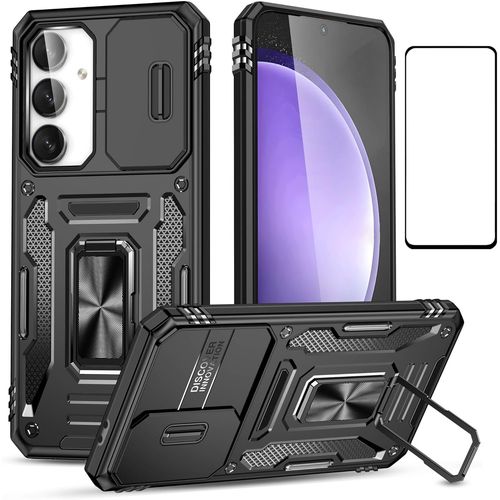 Coque Renforcée Pour Samsung Galaxy S24 Fe ¿ Double Couche Pc+Tpu, Protection Caméra Coulissante, Anneau Rotatif 360° Compatible Support Magnétique, Verre Trempé 9h, Style Militaire Noir