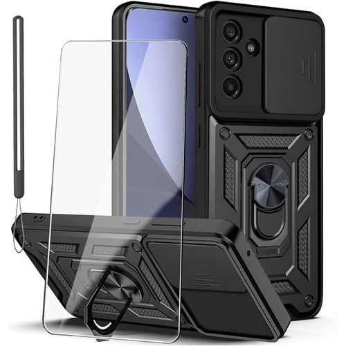 Coque Samsung Galaxy A54 5g Avec Verre Trempé, Protège-Appareil Photo, Lanière, Tpu Anti-Choc Rugged Armor, Anneau Rotatif 360° Pied Support - Noir