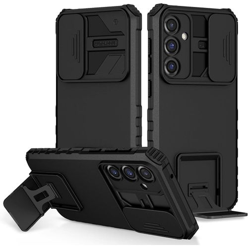 Coque Samsung Galaxy S24 Fe 5g Antichoc Résistante ¿ Armure Tpu+Pc Protection Militaire, Cache¿Objectif Coulissant, Béquille Intégrée, Noir