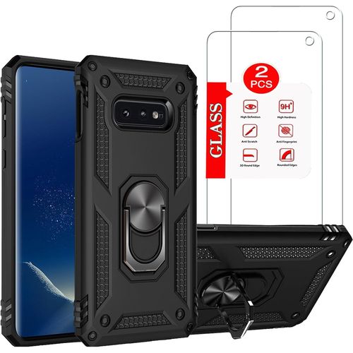 Coque Samsung Galaxy S10e - Protection 360° Grade Militaire, 2x Verre Trempé 9h, Support/Anneau Magnétique Rotatif 360° Compatible Fixation Voiture, Bords Surélevés Et Découpes Précises