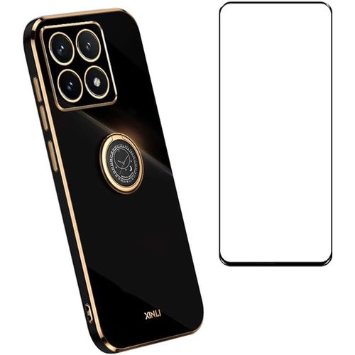 Coque Souple Tpu Anti-Chocs Pour Xiaomi 14t 5g Avec Verre Trempé, Anneau Support Rotatif, Renforts Coins Et Découpes Précises - Noir