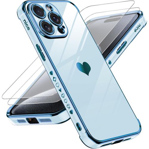 Coque iPhone 15 Pro Max Silicone Souple + 2 Verres Trempés ¿ Bumper TPU Galvanisé Anti-chocs, Doublure Microfibre, Design Coeur Femme, Compatible Recharge Sans Fil, Rose