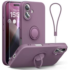 Coque Iphone 16 Plus 6,7'' Violette ¿ Silicone Liquide Slim, Anneau Rotatif 360° (Béquille), Attache Poignet, Intérieur Microfibre Et Protection Intégrale