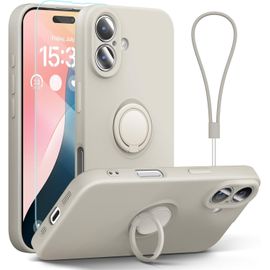 Coque Iphone 16 Plus 6,7 Pouces Silicone Liquide Fine - Anneau Support 360° + Sangle Poignet, Protection Microfibre, Support Magnétique Voiture, Gris Pierre