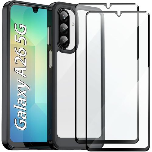 Coque Hybride Tpu + Acrylique Antichoc Pour Samsung Galaxy A26 5g + 2 Protections Écran Verre Trempé Hd (Transparent)