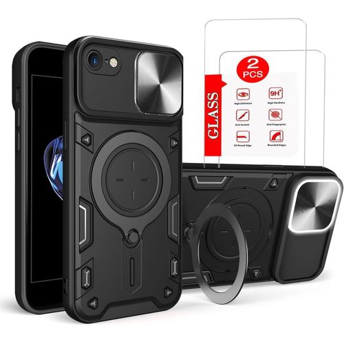 Coque Iphone 7/8/Se (2020/2022) Noire ¿ Tpu+Pc Protection Complète, 2 Verres Trempés Et Support Anneau 360°