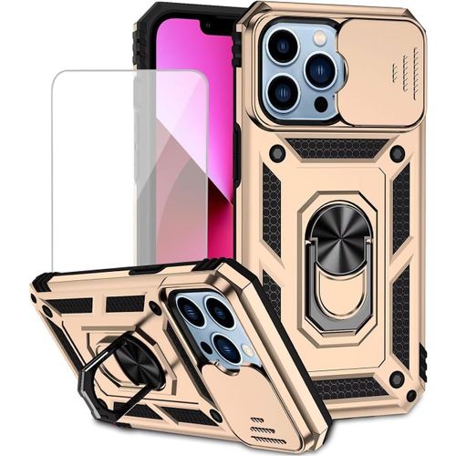 Coque Iphone 13 Pro Max 6,7'' Doré - Verre Trempé Écran, Protection Caméra Coulissante, Anneau Magnétique 360° Pour Support Voiture, Coque Hybride Tpu/Pc Anti-Choc