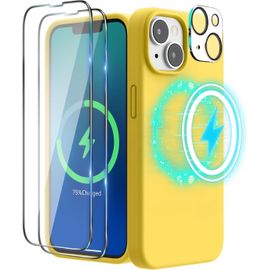 Coque Magnétique Iphone 14 6,1 Pouces (2022) Compatible Magsafe ¿ Silicone Liquide Doux, Aimants Puissants, Pack 4-En-1 (2 Films Écran + Protège Objectif) ¿ Sunshine