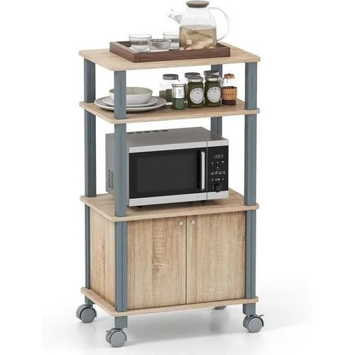 Desserte De Cuisine À Roulettes Costway, Portes, Meuble Pour Four Sur Roues En Bois Avec 3 Étagères, 60 X 40 X 98 Cm