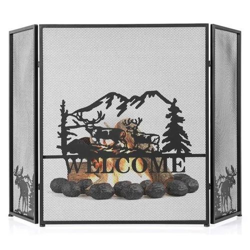 Pare-Feu Cheminée COSTWAY 3 Volets Pliable avec Motif d¿Élan pour Poêle-Cadre en Métal Robuste avec Revêtement de Poudre-132 x 79 cm