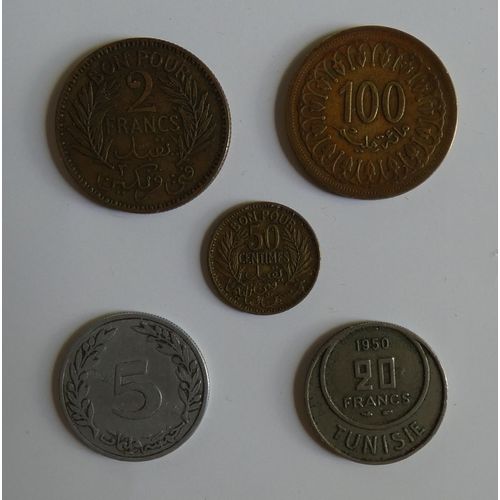 Lot De 5 Pièces De Monnaie De Tunisie (5 Millim 1960 + 100 Millim 1960 + 50 Centimes 1941 + 2 Francs 1945 + 20 Francs 1950)