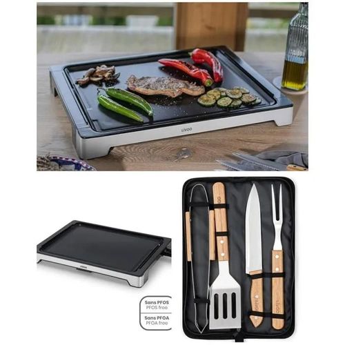 Plancha GRILL électrique 47x37 2000W avec Revêtement antiadhésif et bac récupérateur de jus-cuisson 47 x 37+ USTENSILES