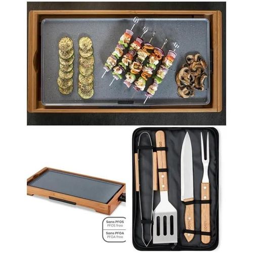 Plancha ARMATURE BOIS 2200W lisse avec Revêtement antiadhésif et bac récupérateur de jus-cuisson 50 x 24,5 + USTENSILES