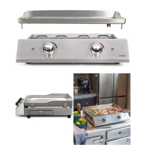 Plancha INOX grill électrique Professionnelle 2800W Grande surface de cuisson antiadhésive 2 thermostats ajustables
