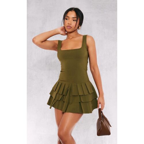 Combishort Jupe Short Tissé Stretch Kaki Plissé, Kaki