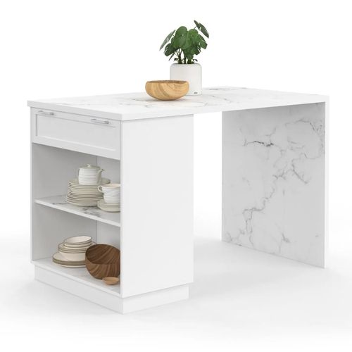 Ilot Central Mange-Debout 4 Personnes Vito 130 Cm Blanc Et Plateau Marbre Alaska