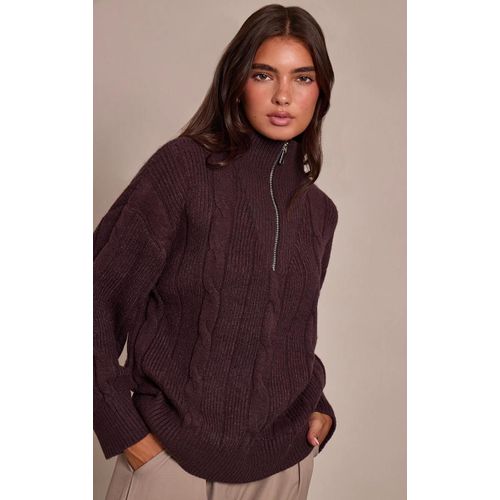 Pull Oversize En Maille Tricot Torsadée Chocolat À Zip, Chocolat