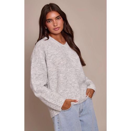Pull Côtelé Gris Clair À Col En V, Gris Clair