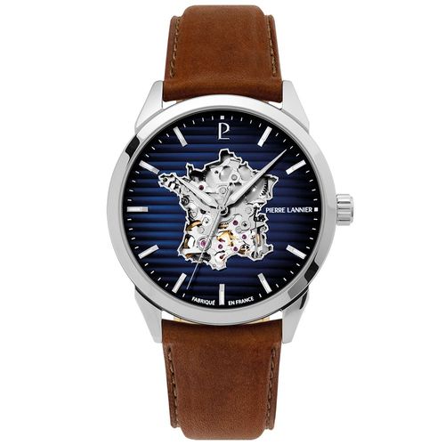 Montre Homme Monarck Argenté Cadran Bleu Bracelet Cuir Brun 22 Mm
