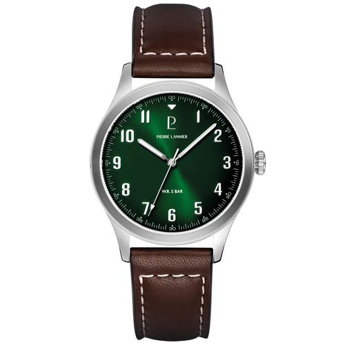 Montre Homme Aviateur Argenté Cadran Vert Bracelet Cuir Brun 20 Mm