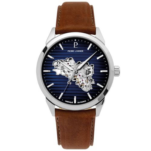 Montre Homme Monarck Argenté Cadran Bleu Bracelet Cuir Brun 22 Mm