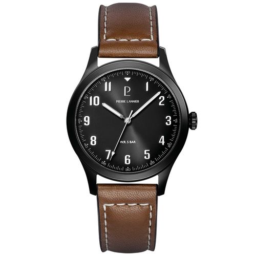 Montre Homme Aviateur Noir Cadran Gris Bracelet Cuir Brun 20 Mm
