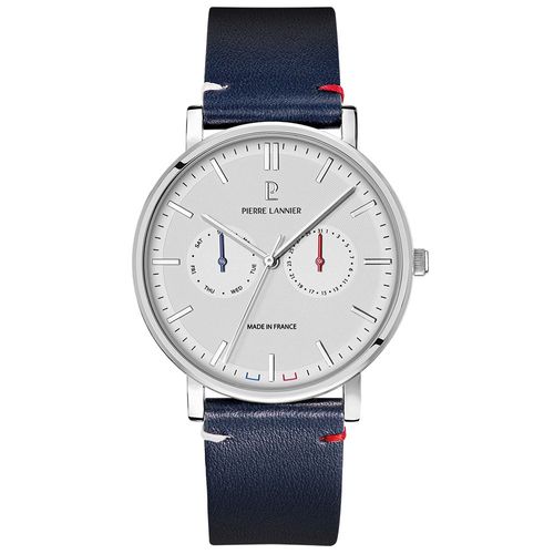 Montre Homme Essential Argenté Cadran Blanc Bracelet Cuir Bleu 20 Mm