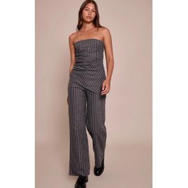Pantalon De Tailleur Large Tissé Gris Charbon À Fines Rayures, Gris Charbon