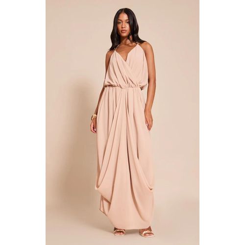 Tall Robe Longue En Mousseline De Soie Beige Drapée À Col En V, Beige