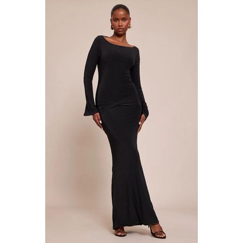 Robe Longue Doublée Moulante Noire À Partie Torsadée, Noir