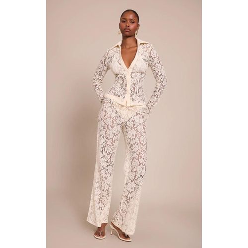 Pantalon Droit En Dentelle Crème À Taille Haute, Crème