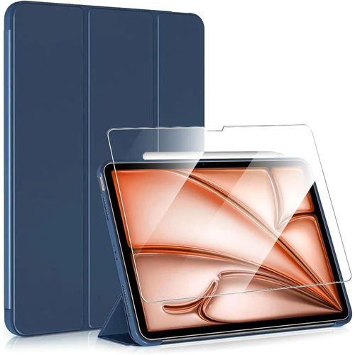 Coque + Verre Trempé Pour Ipad Air 11 Pouces 2024/2025 M2/M3 - Protection Anti-Rayures Support - Bleu Marine - E.F.Connection