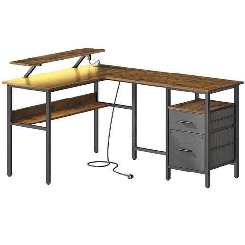 Bureau En L Avec Multiprise Bureau D Angle Bureau Informatique Avec Rehausseur D Écran Bureau Gaming Led 2 Tiroirs 2 Ports Usb Facile À Monter Pour Bureau Marron Helloshop26 12_0004626