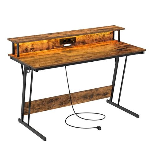 Bureau Gaming Avec Led Et Multiprise Table Gamer Bureau Informatique Avec Rehausseur D Écran Pour 2 Ordinateurs Pour Chambre 55 X 135 X 76 Cm Marron Helloshop26 12_0004627