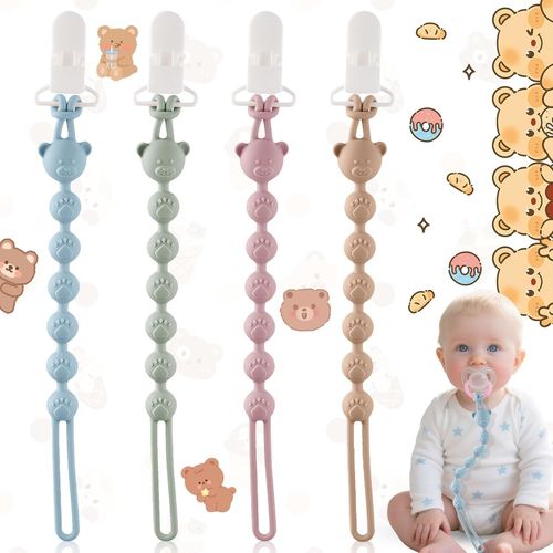 Lot De 4 Les Attaches-Tétines En Silicone,Attache Sucette Avec Une Seule Pièce Silicone,Accroche Tétine Bebe Sans Bpa,Porte-Tétine Pour Bébés Dès 3 Mois(Bleu,Vert,Violet,Marron)