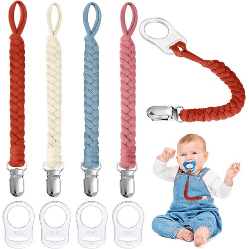 Kalanka-Attache Sucette Bébé, Lot De 4 Attaches-Tétines Avec Sangles En Coton Et 4 Adaptateurs Pour Sucettes, Adaptateur De Clip De Support De Sucette Pour Bébé, Adaptateur D'anneau En Silicone