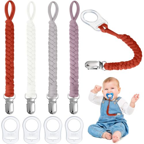 Attache Sucette Bébé,Lot De 4 Attaches-Tétines Avec Sangles En Coton Et 4 Adaptateurs Pour Sucettes,Adaptateur De Clip De Support De Sucette Pour Bébé,Adaptateur D'anneau En Silicone.[H48]