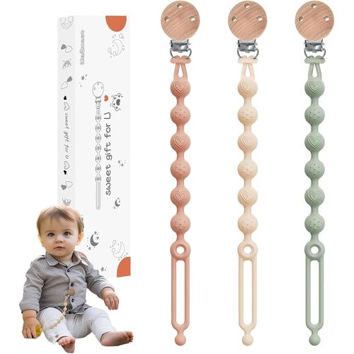 Kalanka-Attache-Tétine En Silicone - Jouets Pour Bébé - Lot De 3 Attaches - Accessoires Pour Poussettes, Chaises Hautes, Berceaux, Lits Bébé, Sièges Auto, Couffins (Rosa/Beige/Grün)