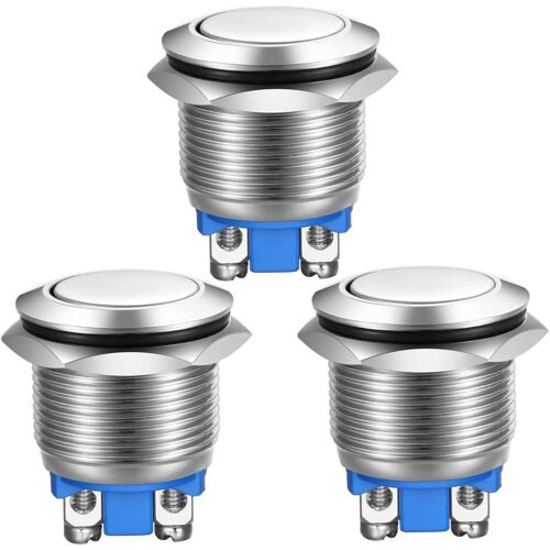 KALANKA-3pcs Bouton Poussoir Momentané Bornes à vis en Acier Inoxydable Bouton étanche à l'eau 19mm 2A 12V/24V/125V/250V(Tête Plate)
