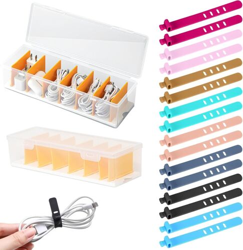 Lot de 2 boîtes de rangement pour câbles en plastique transparent avec 7 compartiments et 16 serre-câbles,protection pratique des câbles et enrouleur de câble