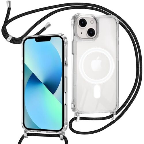 SJZG-Coque Pour Iphone 13 Mini Avec Cordon Compatible Avec Magsafe, Housse Magnétique Transparente Étui Avec Collier Réglable Résistant Silicone Case, Chaîne Noir