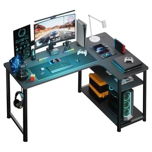 Bureau Gaming - Bureau d'Angle - Noir - 100x80cm - Étagères de Rangement